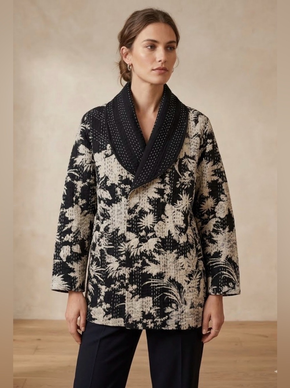 New Quilted Kantha Jacket Black & Cream OSFM